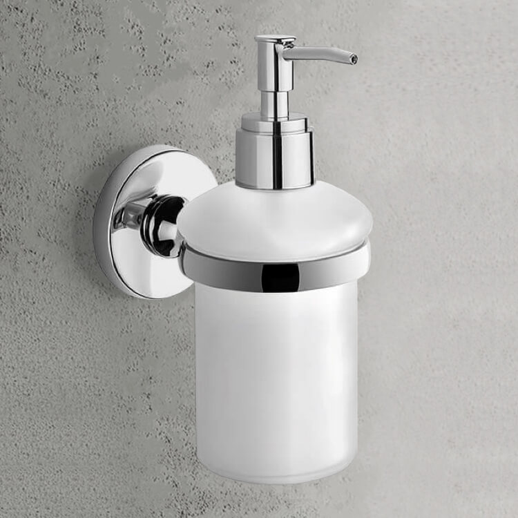 Gedy FE81-13 Wall Mounted Rounded Frosted Glass Soap Dispenser With Chrome Mounting